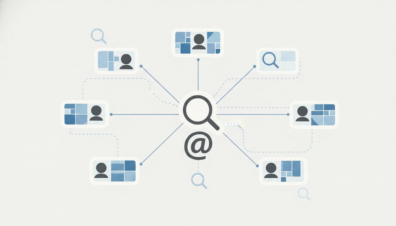 Abstract username search map linking one handle to possible public social profile matches.