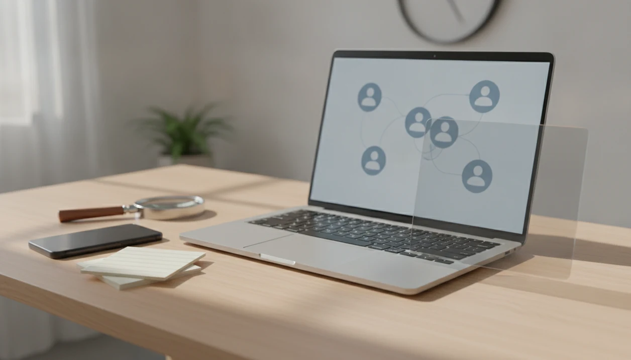 A clean desk shows blurred public profile clues on a laptop with a magnifying glass and privacy filter nearby.