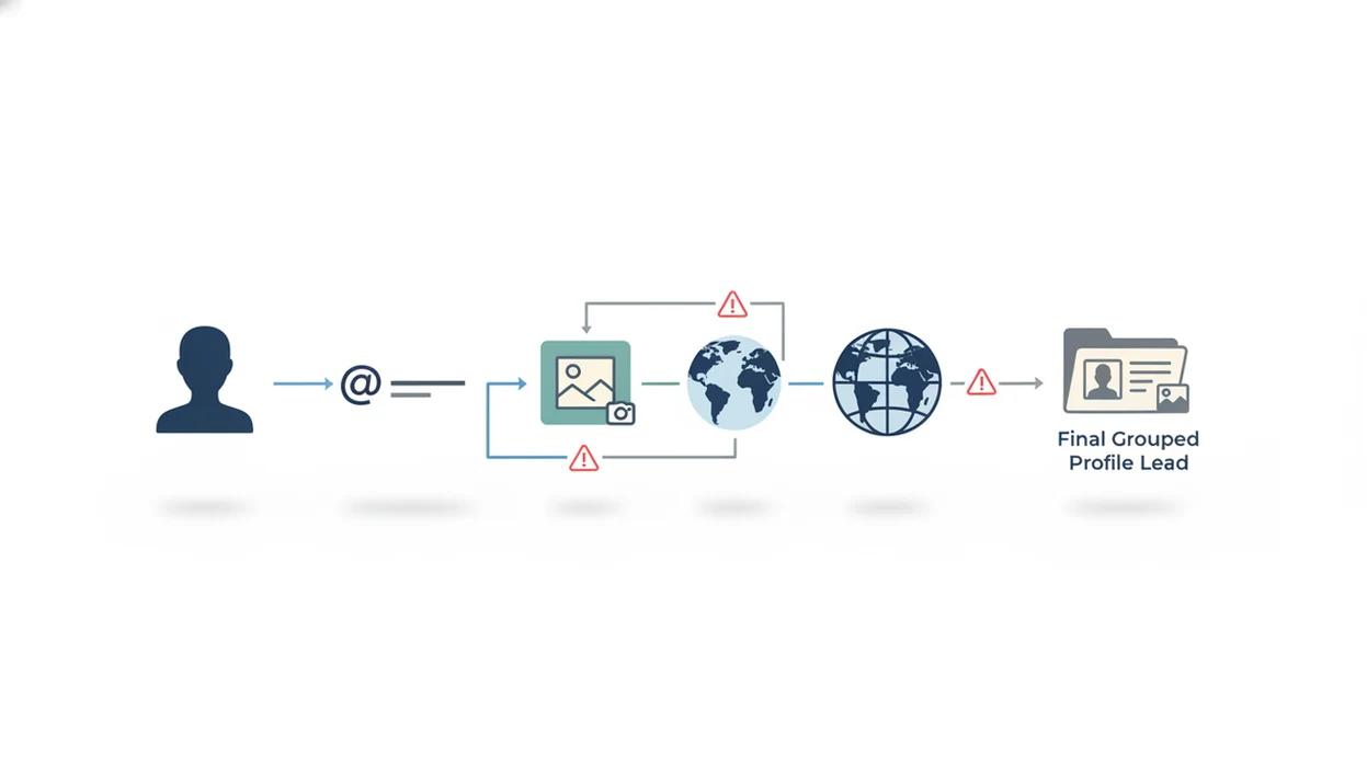 A simple diagram connects public clues like username, image, and web pages into a cautious profile lead.