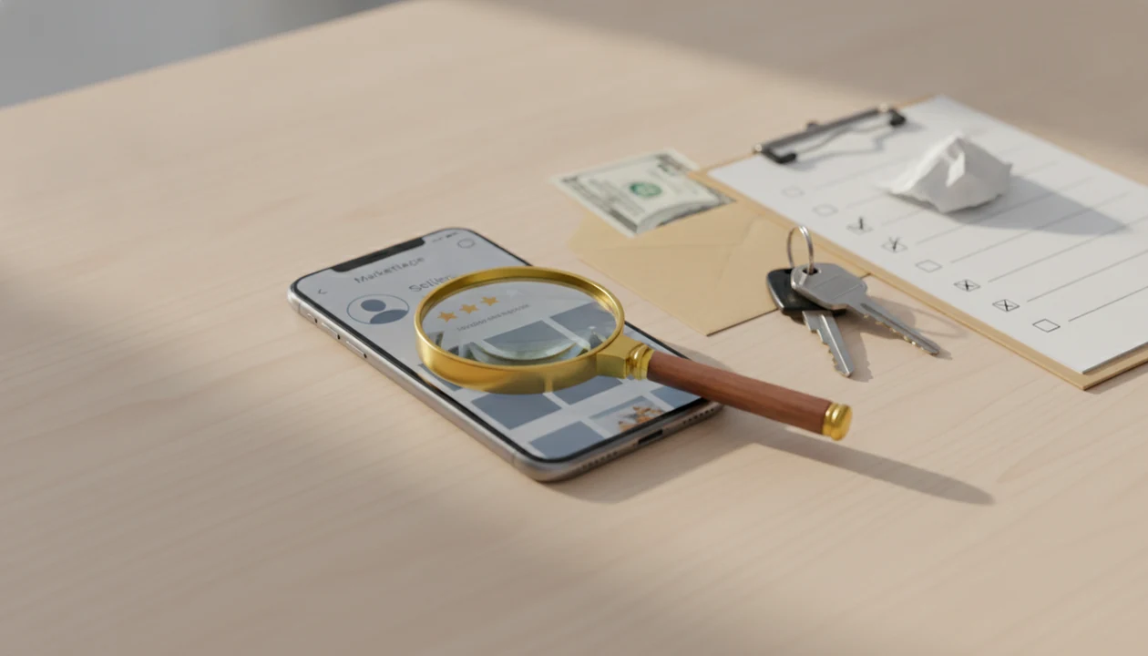A phone profile, magnifying glass, cash envelope, keys, and checklist suggest checking a seller before paying.