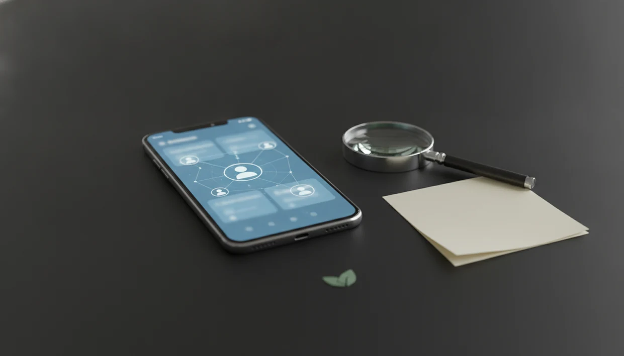 An unbranded Android phone with abstract public profile nodes and a magnifying glass on a dark desk.