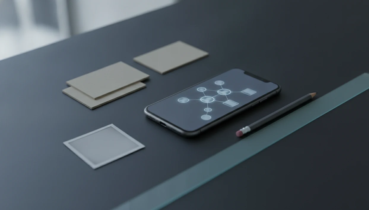 An iPhone on a desk shows abstract profile search connections beside notes and a photo.