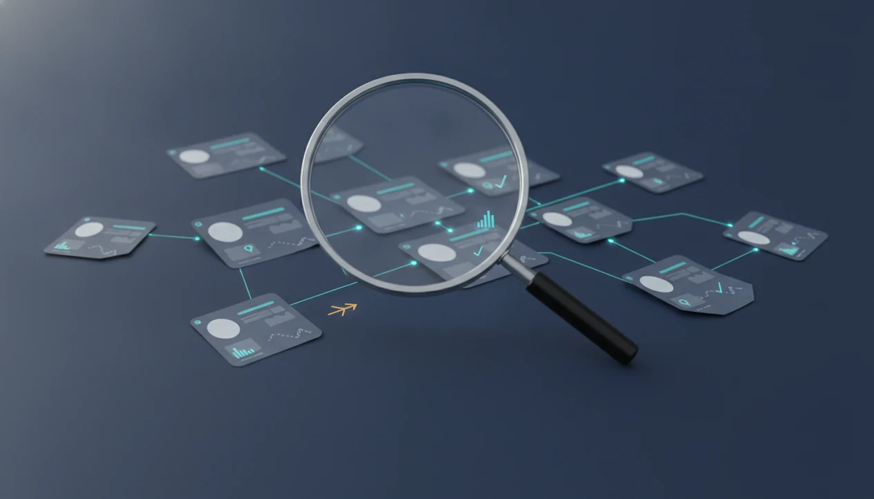 An abstract magnifying glass examines connected public profile clues and uncertain match cards.