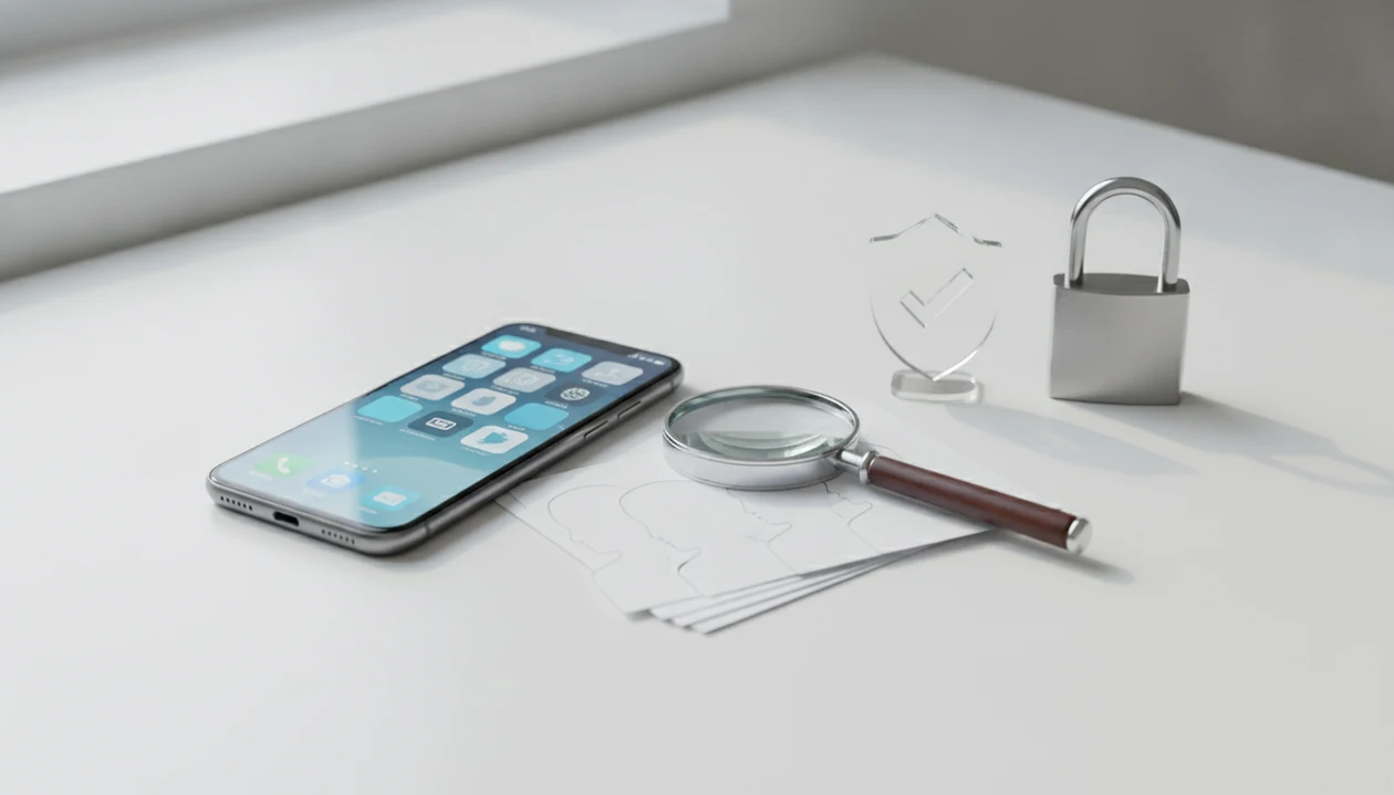 A phone, magnifying glass, verification shield, and padlock suggest safe public profile searches.