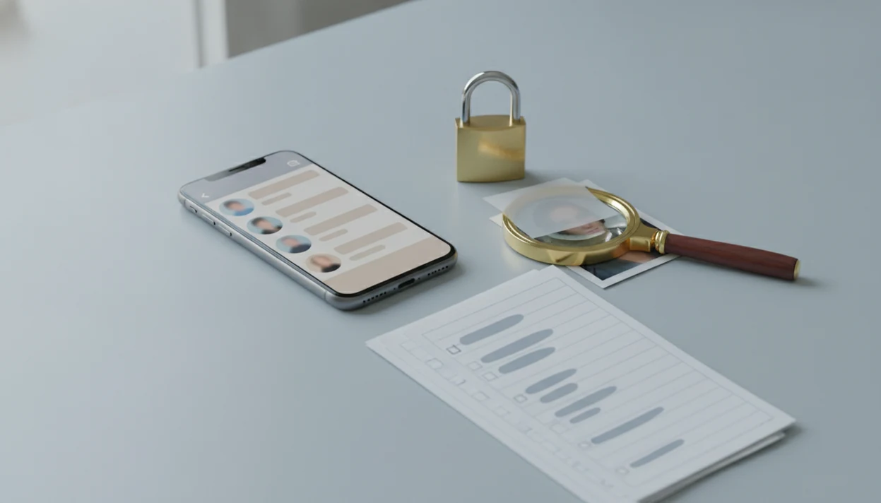 A phone, magnifying glass, obscured photo, and padlock suggest careful fake profile checking.