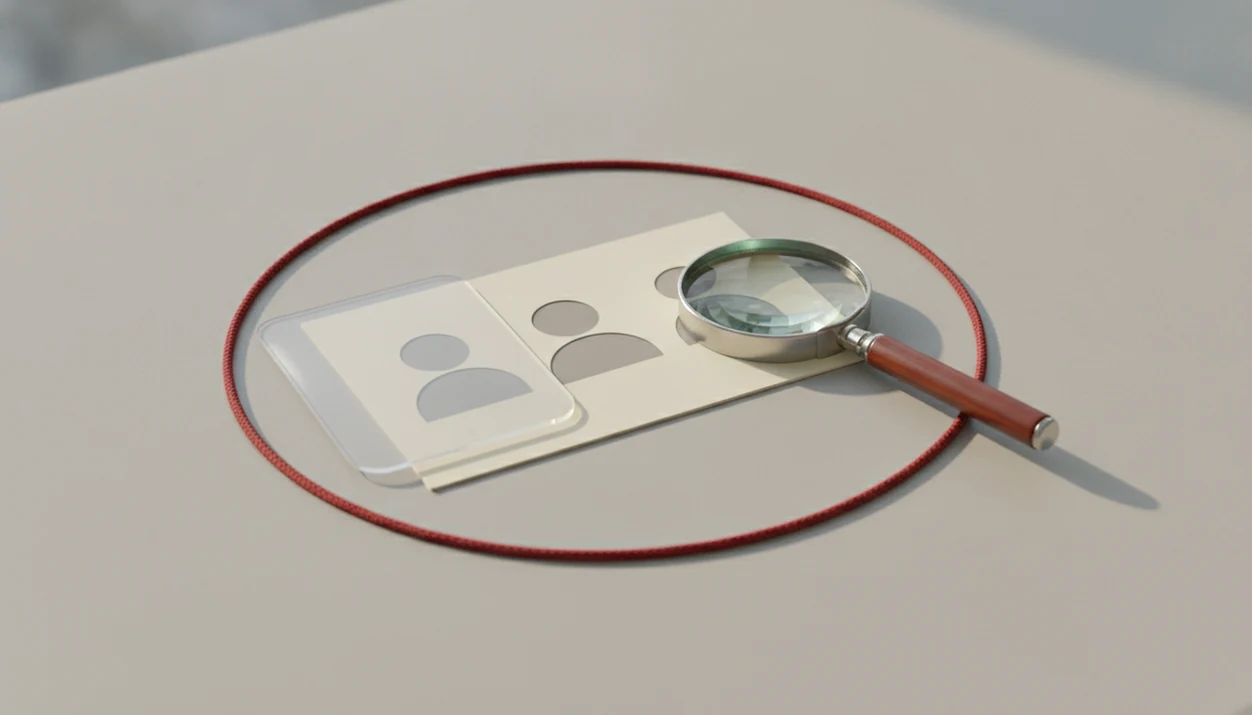 A magnifying glass, blank profile cards, and a privacy shield sit inside a careful boundary on a desk.
