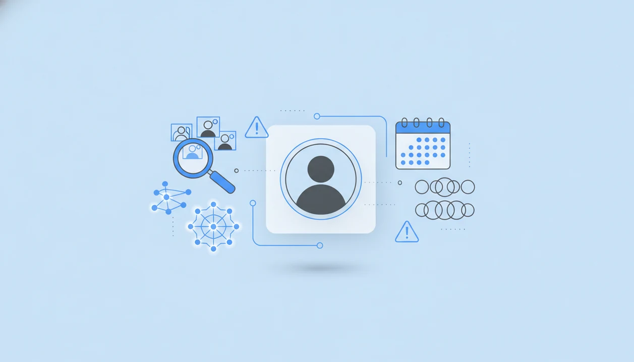 An illustrated fake profile checker concept with an avatar, image clues, warning markers, and connected public data signals.