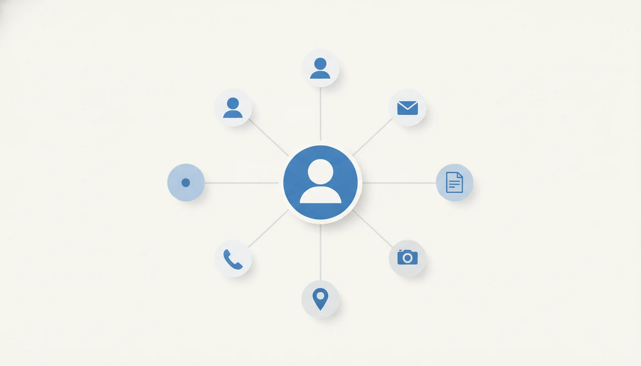 An anonymous profile icon connects to public digital footprint clues in a clean data map.