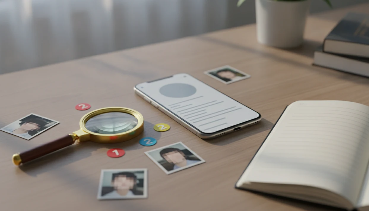 A phone, magnifying glass, and blurred profile clues arranged for a cautious fake profile check.