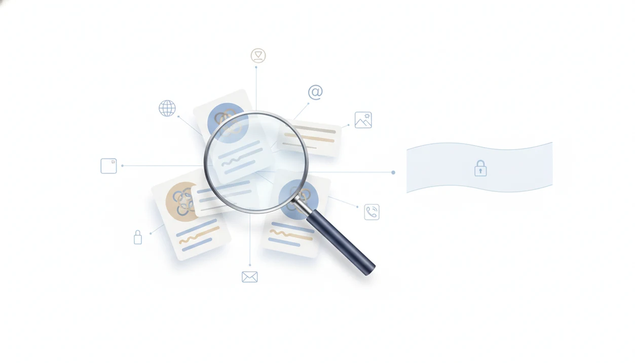 A magnifying glass connects anonymous public profile clues while a privacy boundary stays locked.