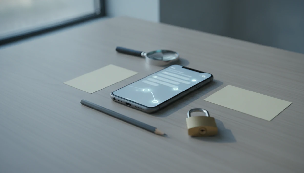 A phone, magnifying glass, blank cards, and padlock arranged on a desk for a careful public search.