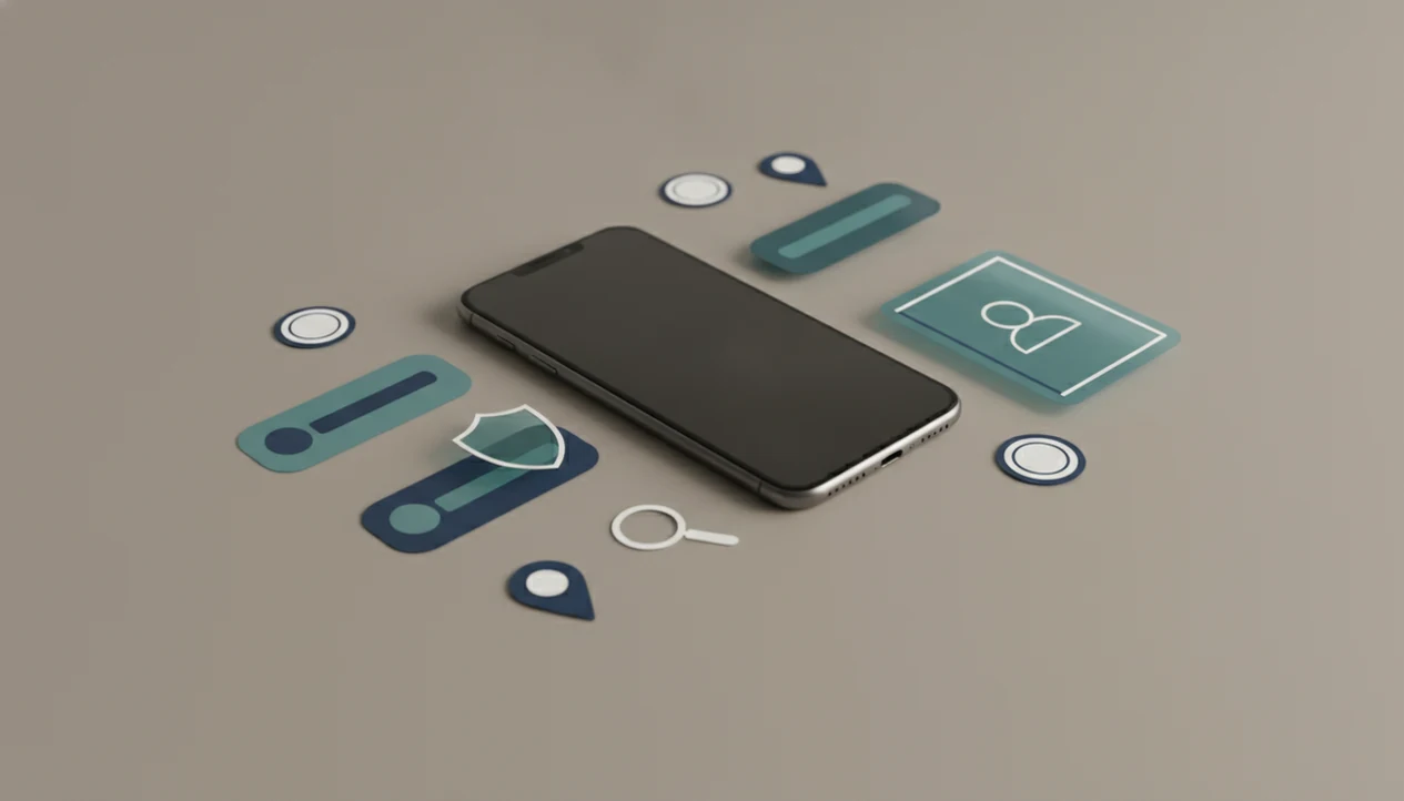 A smartphone surrounded by public profile clues, a magnifying glass, and a privacy shield.