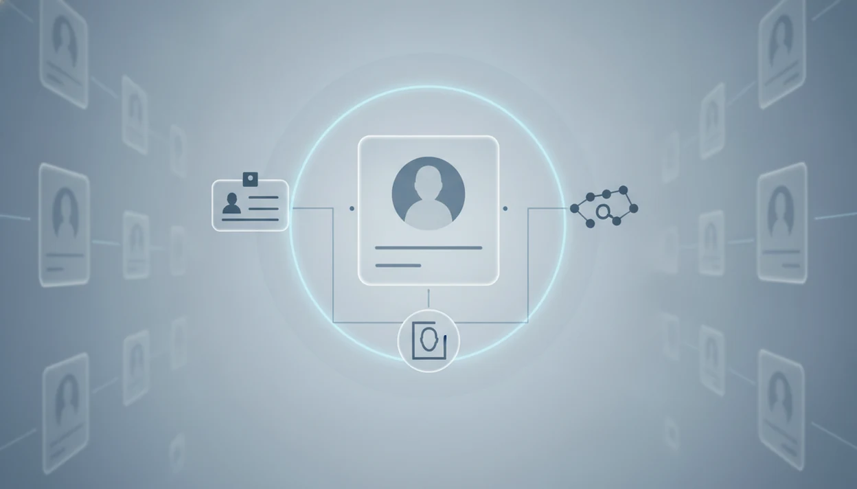 Abstract profile clues connect across public web cards to show name, username, and photo consistency checking.