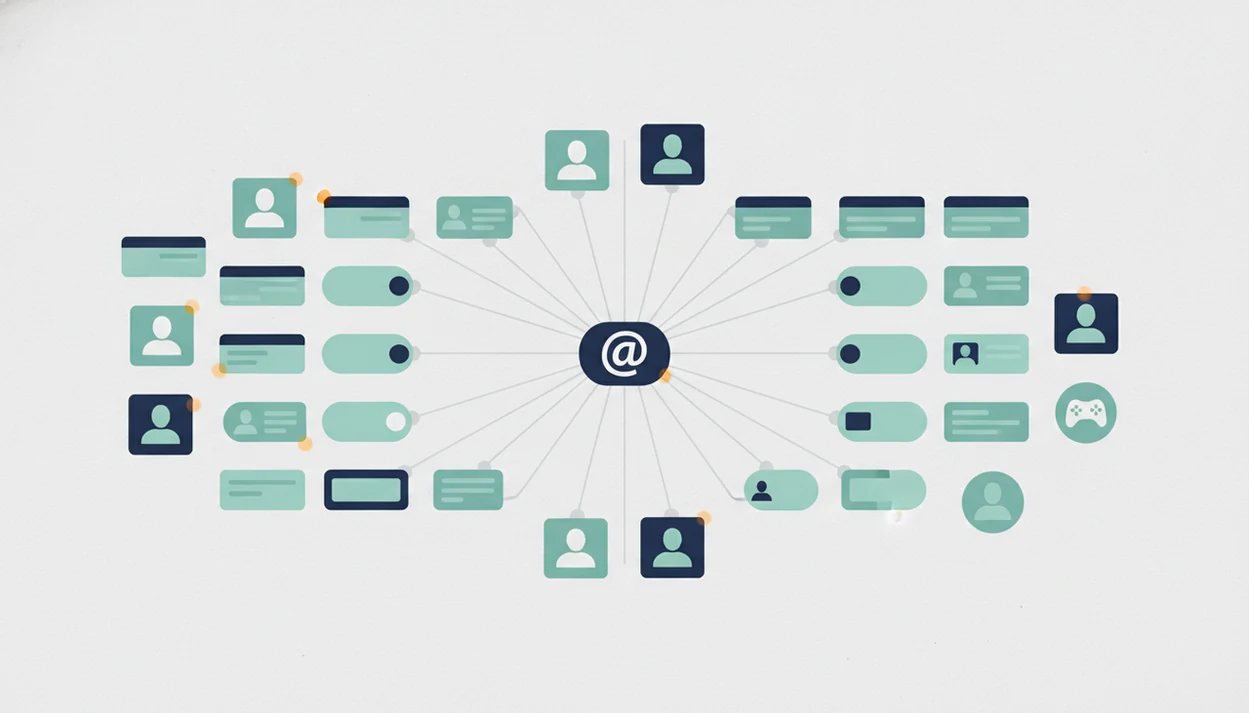An abstract username search map connects one handle to many public profile and community tiles.