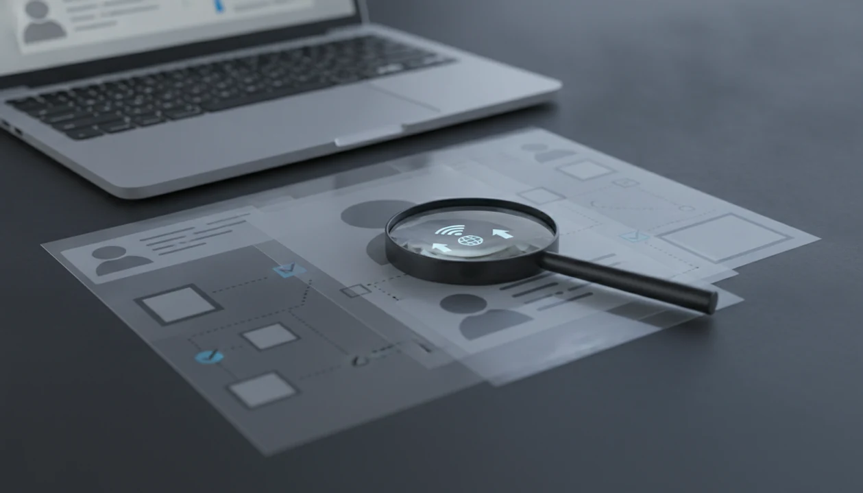 A magnifying glass reviews layered anonymous profile cards on a desk, suggesting cautious fake profile checks.