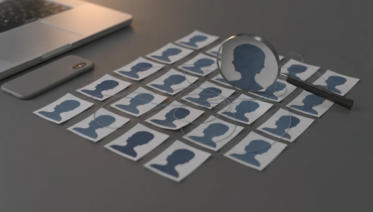 A desk arrangement compares repeated anonymous profile photos with a magnifying glass and connecting threads.